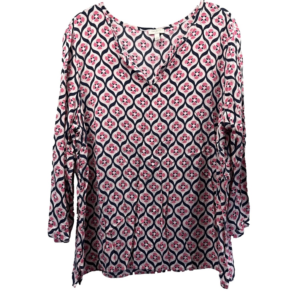 Talbots Women's Top Size Large Pink Black White 3/4 Sleeves V Neck Pullover